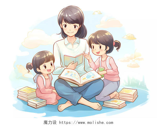 读书日妈妈带孩子亲子快乐阅读场景